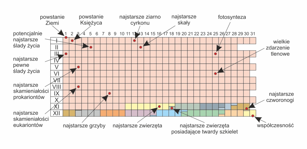 Porównanie czasu istnienia naszej planety do 1 roku kalendarzowego z zaznaczonymi najważniejszymi wydarzeniami