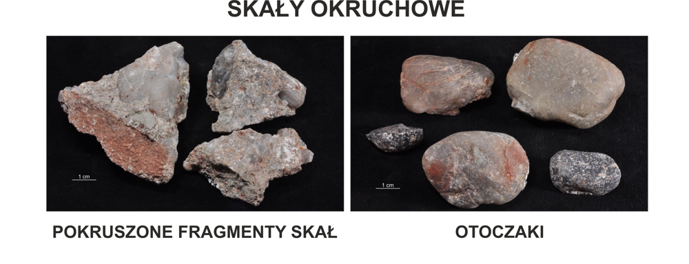 Ziarna skał osadowych: nieobtoczone fragmenty o ostrych krawędziach i zaokrąglone otoczaki