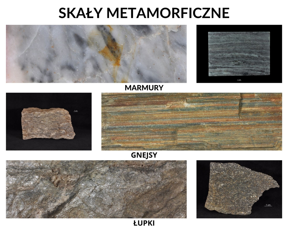 Przykłady skał metamorficznych: marmury, gnejsy, łupki