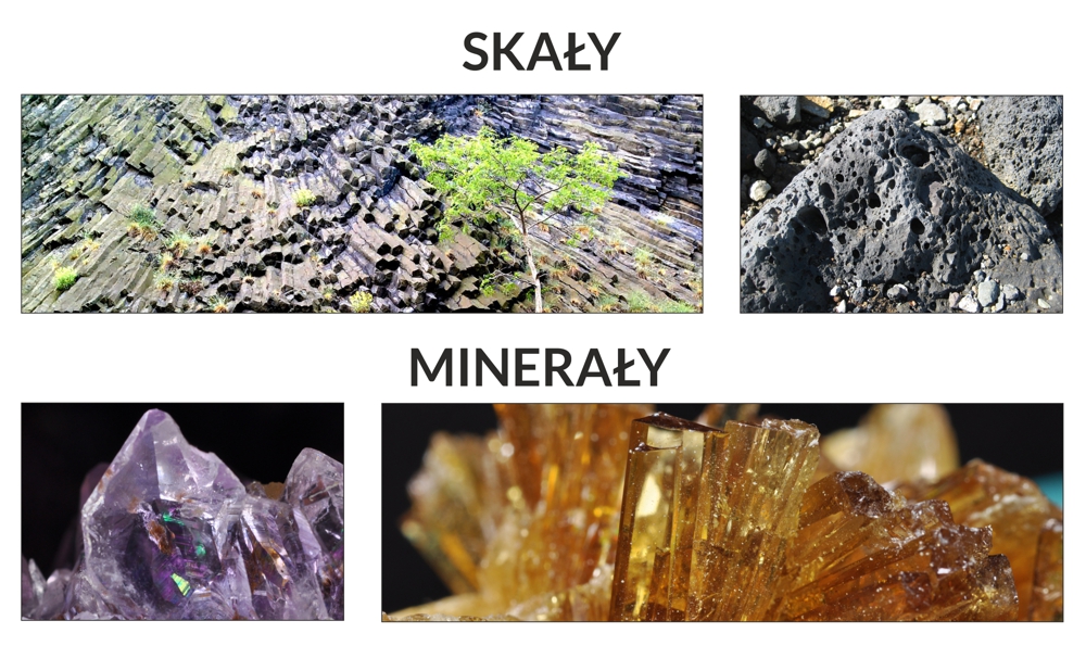 Przykłady dwóch skał i dwóch minerałów - porównanie wyglądu