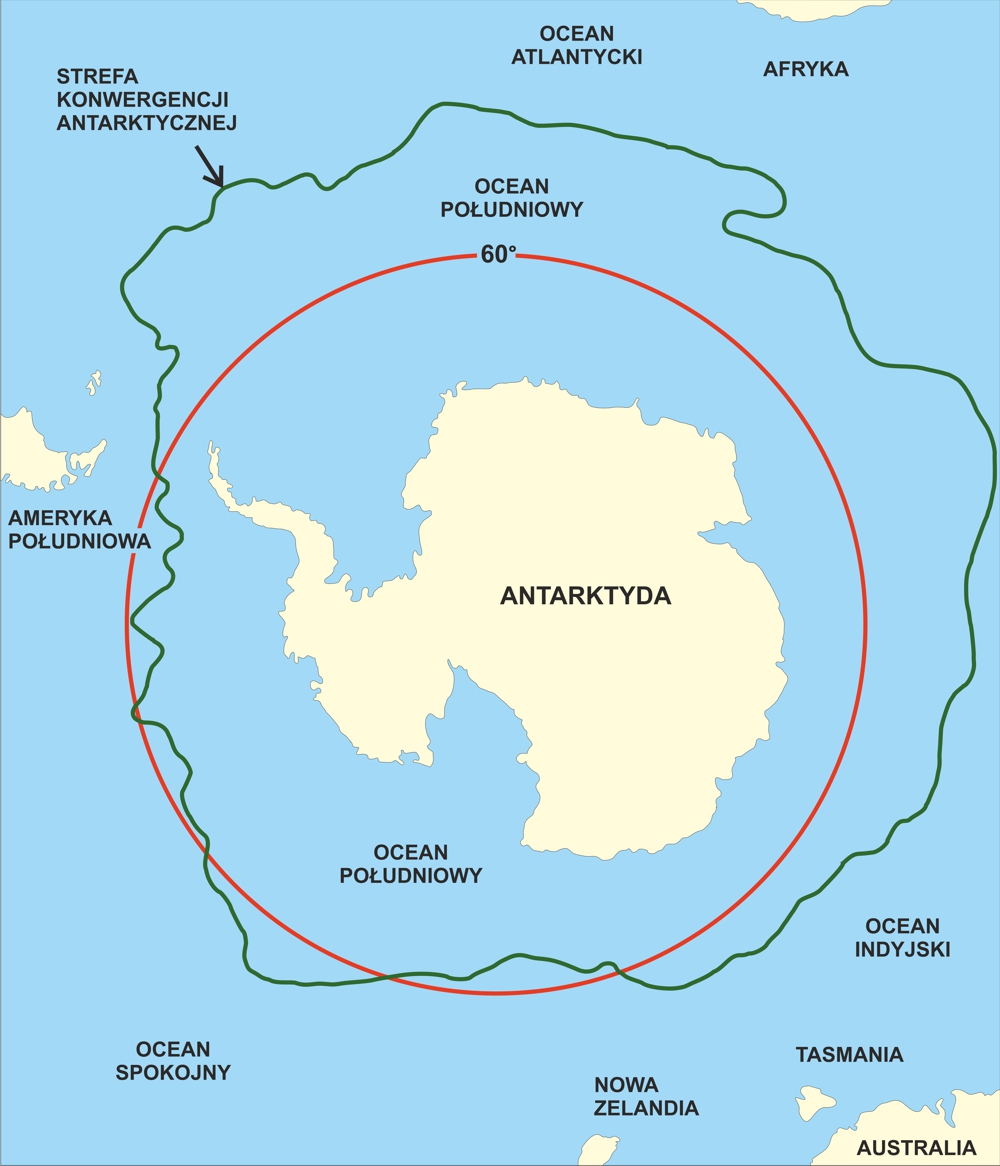 Położenie granic Antarktyki: strefa konwergencji antarktycznej (linia zielona) oraz południowy równoleżnik 60 (linia czerwona