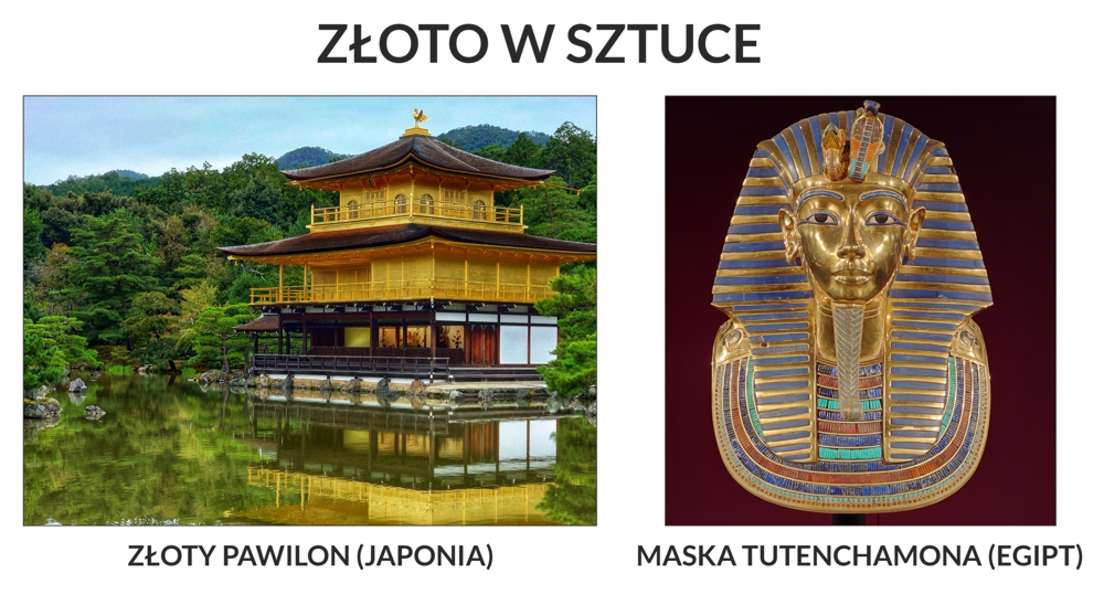 Przykłady zastosowania złota w sztuce: Złoty Pawilon w Japonii i maska Tutenchamona z Egiptu